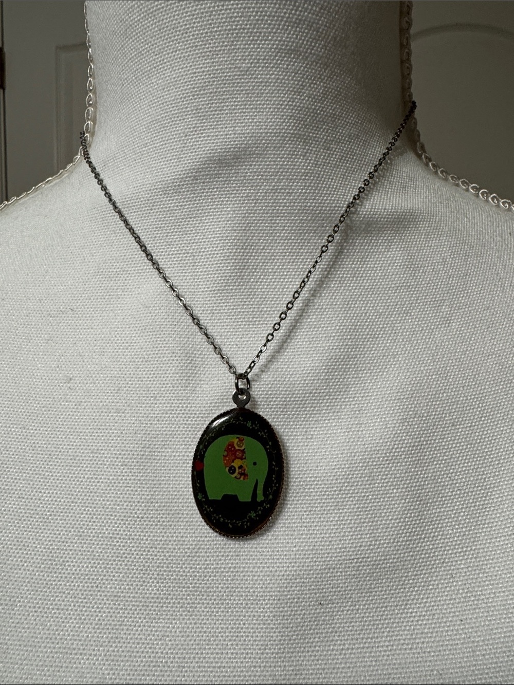 Oval Green Elephant Pendant Necklace